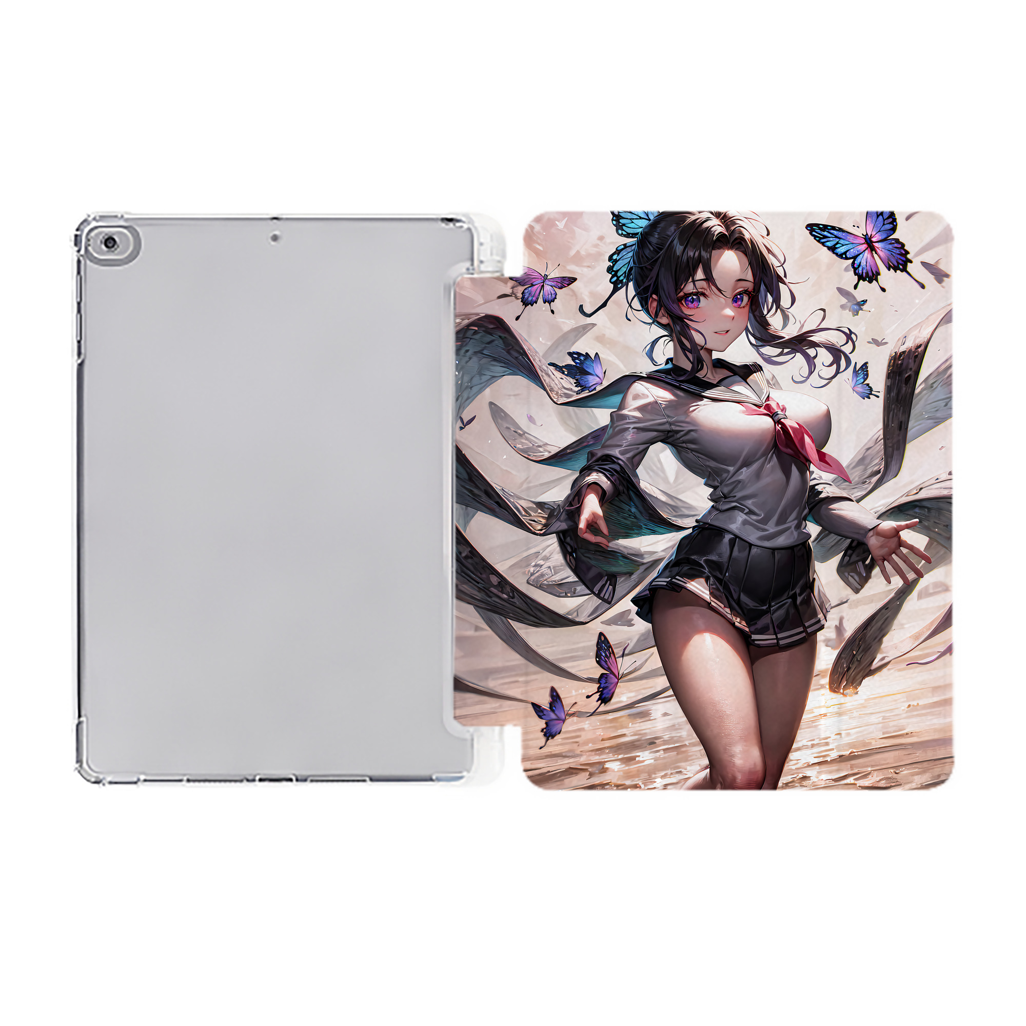 （画像用） 鬼滅の刃（きめつのやいば）蟲柱-胡蝶 しのぶ／こちょう しのぶ Kochou Shinobu IPad ケース ペン収納付き 三つ折りスタンド PUレザー×シリコン 対応機種9.5/10.5/10.9インチ